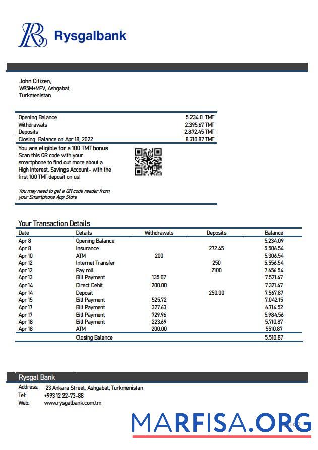 Printable Turkmenistan Rysgal bank statement word sample